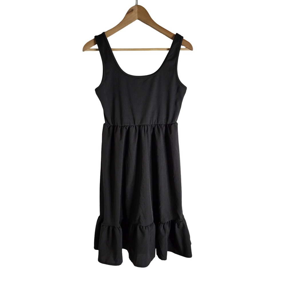 Black Sleeveless Scoop Neck Mini Dress with Tiered Ruffle Hem Elastic Waist S